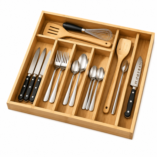 qcstyle™ Kitchen Drawer Organizer – Adjustable Bamboo Utensil Storage Tray